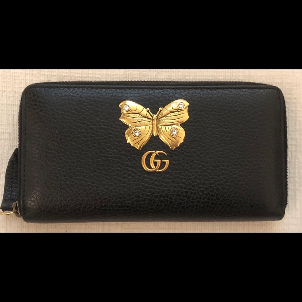 Gucci Black Leather Zip-Around Butterfly Wallet